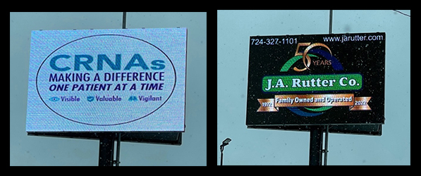 "Two photos of electronic billboards advertising J.A. Rutter Co. and CRNA week"