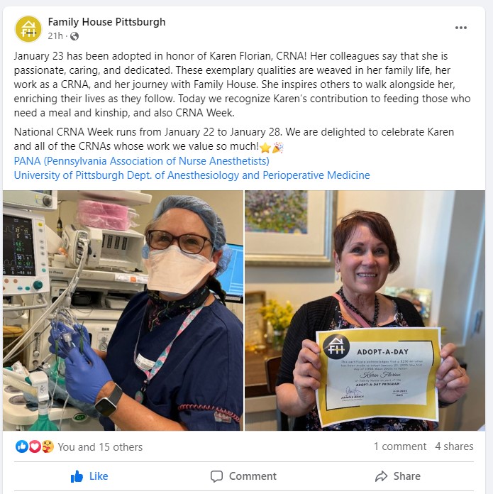 "A screenshot of a Facebook post by Family House Pittsburgh advertising CRNA week featuring photos of CRNAs at work and with an award"