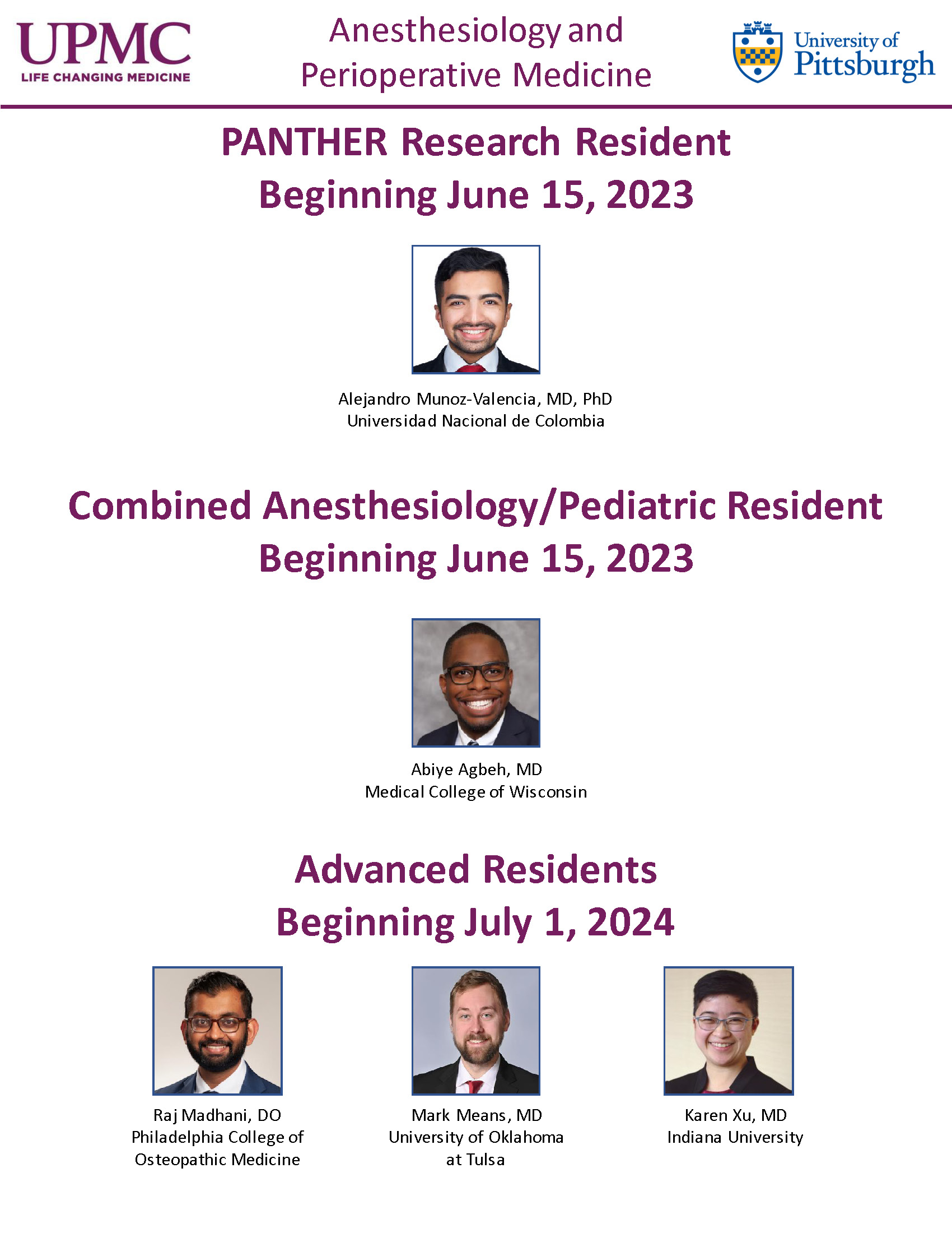 "Headshots of the PANTHER Research, advanced, and combined anesthesiology pediatric residents"
