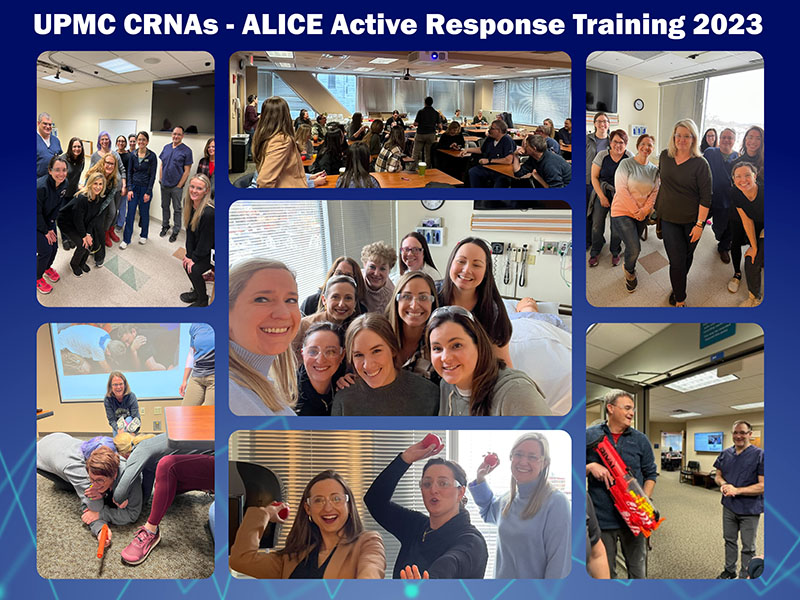 "Multiple photos of CRNAs taken throughout the ALICE trainings containing group photos, presentations, fake guns, and takedown strategies"