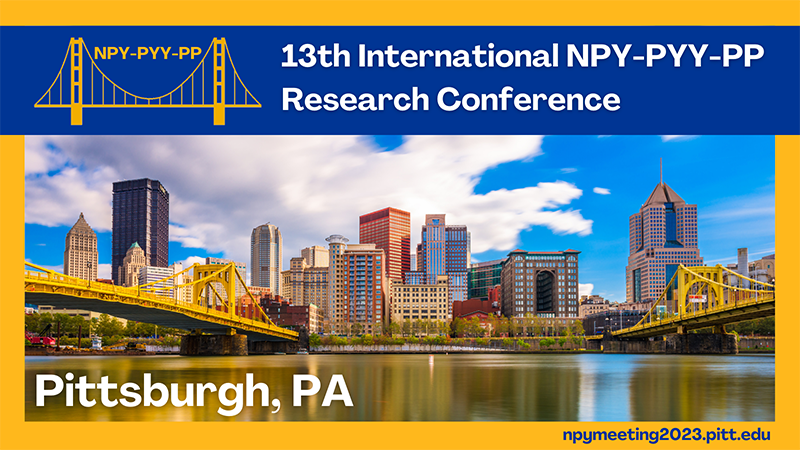 "A graphic advertising the 13th International NPY-PYY-PP research conference with a backdrop of downtown Pittsburgh's skyline"