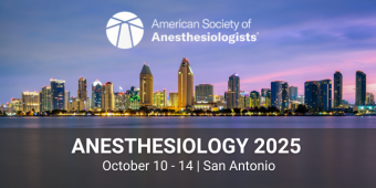 Banner for the American Society of Anesthesiologists’ “Anesthesiology 2025” annual meeting, taking place October 10–14 in San Antonio. The image features a colorful sunset over the San Diego skyline, with the ASA logo and name at the top.