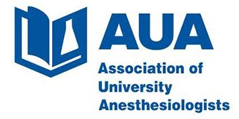 Logo of the Association of University Anesthesiologists (AUA), featuring a stylized open book with a laboratory flask inside on the left, and the acronym "AUA" in bold blue letters above the full name of the organization on the right.