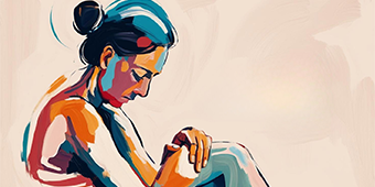 A stylized, colorful painting of a seated woman with her head bowed and her arms resting on her knees. The artwork uses bold, abstract brushstrokes in shades of blue, orange, red, and yellow to depict the woman, contrasting against a soft beige background. Her hair is tied in a bun, and her expression conveys introspection or sadness.