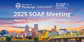 Promotional graphic for the 2025 SOAP Meeting, taking place April 30 – May 4, 2025, in Portland, Oregon. The background features a vibrant view of the Portland skyline at sunset with the river and bridge in the foreground. Logos for the University of Pittsburgh Department of Anesthesiology and Perioperative Medicine and the Society for Obstetric Anesthesia and Perinatology (SOAP) appear at the top.