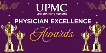 Graphic for the UPMC Physician Excellence Awards. The background is deep purple with gold sparkles and dots. At the top, the UPMC logo appears with the tagline "Life Changing Medicine." Below, the text reads "Physician Excellence Awards," with "Awards" in elegant gold script. Four gold trophies are displayed—two large and two smaller ones—on either side of the text.