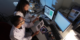 scientists in a laboratory reviewing data on a computer