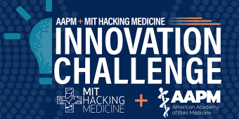 Graphic promoting the AAPM + MIT Hacking Medicine Innovation Challenge. The design features a stylized light bulb on the left made up of blue dots and rectangles, symbolizing innovation. On the right, large bold text reads “INNOVATION CHALLENGE,” with the logos for MIT Hacking Medicine and the American Academy of Pain Medicine (AAPM) displayed below. The background is dark blue with a dotted pattern.