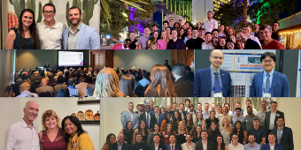 Collage of group photos from the 2025 ASA Meeting. The top row shows attendees posing informally, including an outdoor night group shot and smaller groups smiling at the camera. The middle row features a conference setting with a speaker presenting to a seated audience and two men standing beside a scientific research poster. The bottom row includes a casual trio posing in front of decorative plates and a large, formally dressed group posing indoors, suggesting a celebratory or networking gather