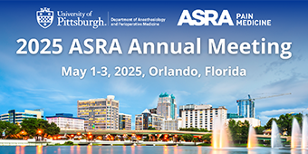 Promotional graphic for the 2025 ASRA Annual Meeting, taking place May 1–3, 2025, in Orlando, Florida. The background features a scenic view of the Orlando skyline with reflections in the lake and water fountains in the foreground. Logos for the University of Pittsburgh Department of Anesthesiology and Perioperative Medicine and ASRA Pain Medicine appear at the top.