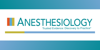 An image featuring the word 'ANESTHESIOLOGY' in bold, capitalized navy blue lettering against a soft teal background. To the left of the text is a logo with four vertical bars in dark blue, light blue, orange, and green. Below the title, the tagline 'Trusted Evidence: Discovery to Practice®' appears in smaller, matching colored font. A short horizontal bar in yellow, light blue, and grey is centered under the logo, adding a graphic element. The overall design conveys professionalism and modernity, relevant 