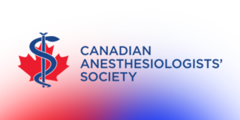 Logo of the Canadian Anesthesiologists’ Society. The design features a red maple leaf with a blue medical caduceus symbol overlaid on it, representing both healthcare and Canada. The society’s name appears in bold blue text to the right of the logo, set against a gradient red-to-blue background.