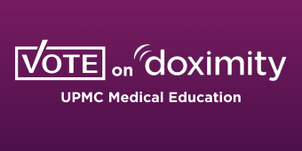 Promotional graphic encouraging voting on Doximity for UPMC Medical Education. The word “VOTE” is highlighted in a white box with a checkmark integrated into the "V," followed by the Doximity logo. The background is a gradient of dark to light purple.