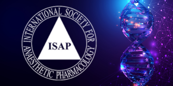 Logo of the International Society for Anaesthetic Pharmacology (ISAP) featuring a white triangle with "ISAP" inside, surrounded by a circular black border with the organization’s full name in white text. To the right of the logo is a stylized digital rendering of a DNA double helix glowing in blue and purple tones, set against a dark, abstract background with connected nodes and light flares.