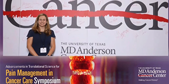 A woman stands smiling in front of a large MD Anderson Cancer Center sign with the word "Cancer" boldly crossed out in red. The lower portion of the image features a banner for the “Advancements in Translational Science for Pain Management in Cancer Care Symposium,” hosted by The University of Texas MD Anderson Cancer Center.