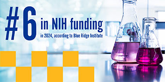 A decorative image with flasks filled with purple liquid including the words "#6 in NIH funding in 2024 according to Blue Ridge Institute"
