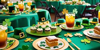 A festive table setup with a St. Patrick's Day theme. The table is covered in a green tablecloth and decorated with shamrock-shaped cutouts, miniature leprechaun hats, and gold accents. Plates hold themed desserts, including cupcakes with green frosting and shamrock toppers, and a powdered sugar-topped cake slice. Glasses of iced tea with shamrock stirrers are placed alongside gold utensils. Additional decorated tables are visible in the background, maintaining the same theme.