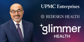 A professional portrait of Dr. Ajay Wasan is shown against a blue and purple gradient background. To the right are the logos for UPMC Enterprises, Redesign Health, and Glimmer Health. The Glimmer Health logo features a star-like sparkle icon before the word “glimmer.”