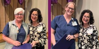 Cara Fleischman receiving her award on the left; Hannah Roach receiving her award on the right